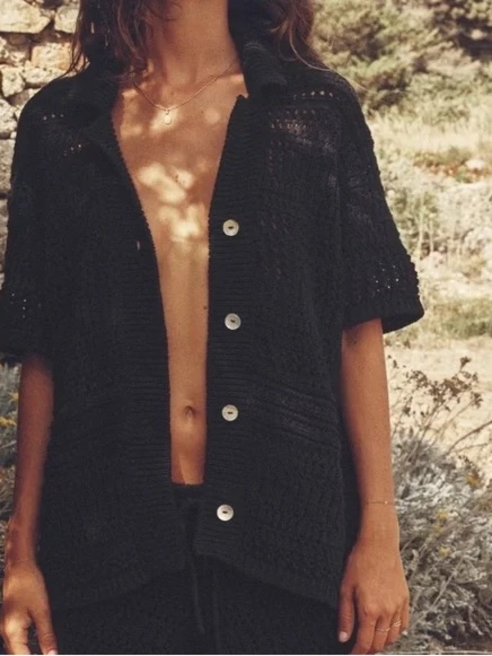 Zara Pointelle Knit Oversized Polo Black Sweater